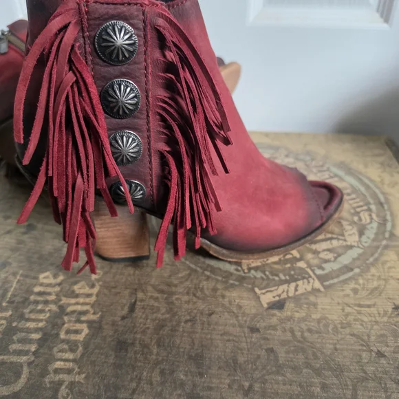 LIBERTY Black Red Fringe Open-Toe Ankle Booties - Picture 8 of 9
